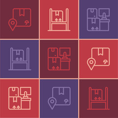 Set line Location with cardboard box, Warehouse boxes and interior icon. Vector