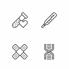 Set line DNA symbol, Crossed bandage plaster, Test tube with blood and Medical thermometer icon. Vector