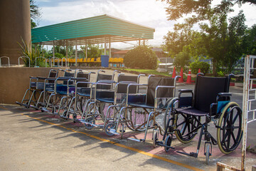 Row Wheelchairs in the hospital. Wheelchairs for patients who come to see the doctor.