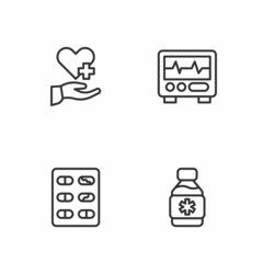 Set line Bottle of medicine syrup, Pills blister pack, Heart with cross and Monitor cardiogram icon. Vector
