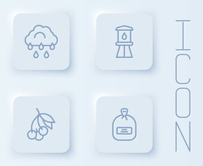 Set line Cloud with rain, Water tower, Fresh berries and Pack full of seeds. White square button. Vector