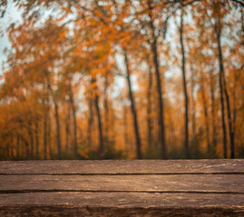 Naklejka na ściany i meble Empty old brown wooden table in front of art abstract bokeh background of autumn orange trees with bokeh for your display or montage