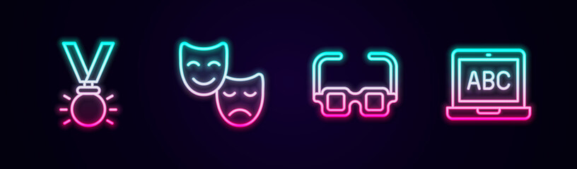 Set line Medal, Comedy and tragedy masks, Glasses and Laptop. Glowing neon icon. Vector
