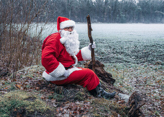 Cute Santa Claus in a traditional red costume sits resting on a tree stump in the forest with a stick in his hand.