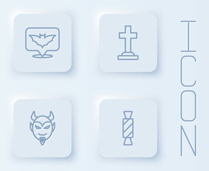 Fototapeta premium Set line Flying bat, Tombstone with cross, Devil head and Candy. White square button. Vector