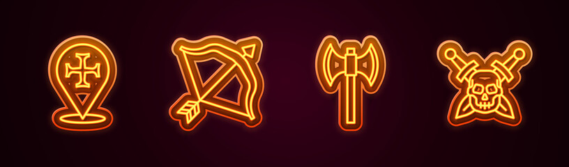 Set line Crusade, Medieval bow and arrow, poleaxe and Skull with sword. Glowing neon icon. Vector