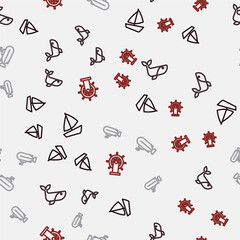 Naklejka premium Set line Yacht sailboat, Whale, Submarine and Ship steering wheel on seamless pattern. Vector