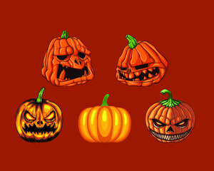 Set of five Halloween pumpkins with different facial expressions
