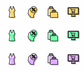 Set line Paper shopping bag, Woman dress, Discount percent tag and Shopping cart on monitor icon. Vector