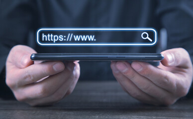 Man holding smartphone. Https address. Internet search concept