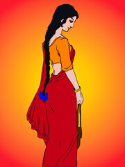 Beautiful young Indian lady wearing red saree and blouse going for shopping cartoon art