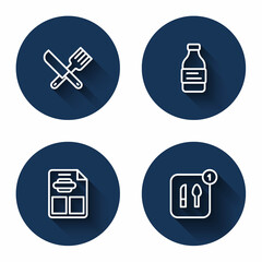 Set line Crossed knife and fork, Bottle of water, Restaurant cafe menu and Food ordering with long shadow. Blue circle button. Vector