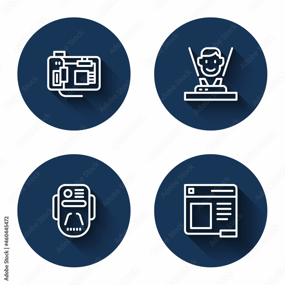 Poster set line motherboard, hologram, artificial intelligence robot and browser window with long shadow. b