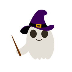 Cute smiling ghost with witch hat on head and magic wand. Design element for shaping websites of clothing accessories postcards. Vector illustration isolated on white background