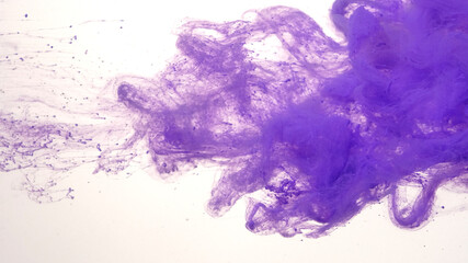 Violet cloud of ink on a white background. Colored acrylic paints in water. Awesome abstract background. Drops of purple ink in water.