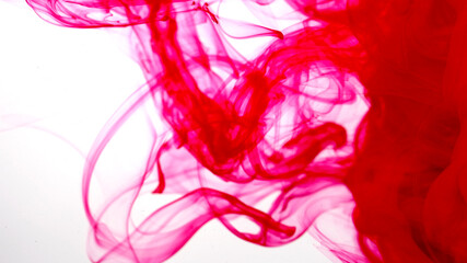 Red watercolor ink in water on a white background. Colored acrylic paints in water. Blood-red cloud of ink on a white background. Awesome abstract background.