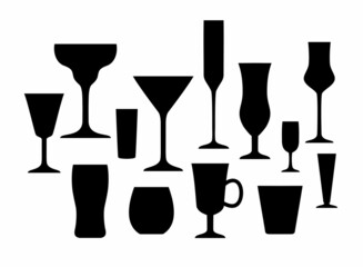 Set of silhouette glass. Wine, beer , mulled wine, martini, glass and others.