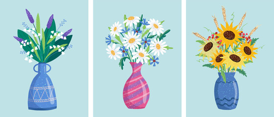 flower bouquets in wrapping and blooming plant. gerberas and chamomile, strawberry. tulip composition. Decorative florist shop item.