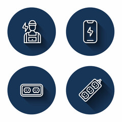 Set line Electrician, Mobile phone, Electrical outlet and extension with long shadow. Blue circle button. Vector