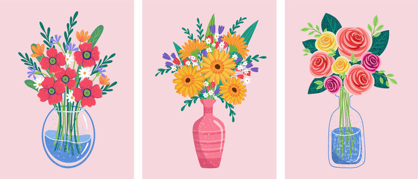 flower bouquets in wrapping and blooming plant. gerberas and chamomile, strawberry. tulip composition. Decorative florist shop item.