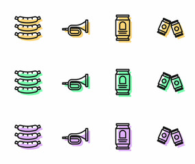 Set line Beer can, Sausage, Trumpet and icon. Vector