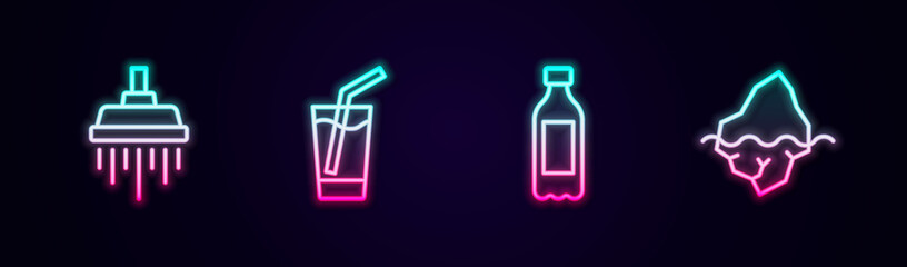 Set line Shower, Glass with water, Bottle of and Iceberg. Glowing neon icon. Vector