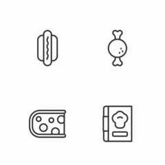 Set line Cookbook, Cheese, Hotdog and Chicken leg icon. Vector