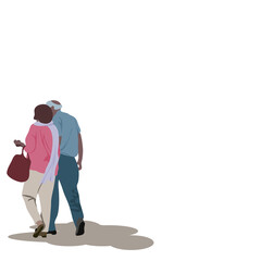 Vector isolate flat design of Behind the scenes of a bald old man walking together with his elderly wife wearing a pink coat and scarf she walked with a handbag to carry her arm on white background.