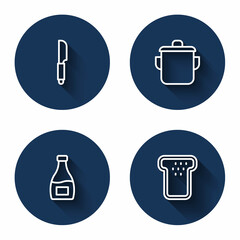 Set line Knife, Cooking pot, Sauce bottle and Bread toast with long shadow. Blue circle button. Vector