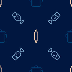 Set line Cooking pot, Wine glass and Rolling pin on seamless pattern. Vector