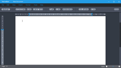 Text editor in dark theme with blank page. Digital application for documentation and correction with user friendly interface for office workers and vector writers.