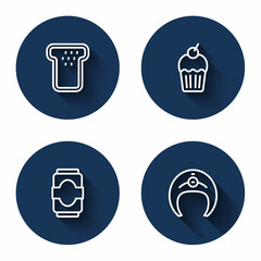 Set line Bread toast, Muffin, Soda can and Fish steak with long shadow. Blue circle button. Vector