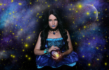 Psychic with Crystal Ball and galaxy background