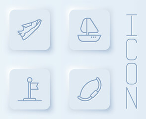 Set line Fitness sneakers shoes, Yacht sailboat, Flag and Medieval bow. White square button. Vector