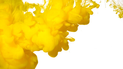 Abstract background. Yellow paints are mixed in water. Colored cloud of ink on a white background.