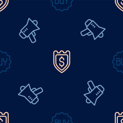 Set line Buy button, Megaphone and Shield with dollar on seamless pattern. Vector