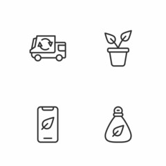 Set line Garbage bag, Mobile phone with leaf, truck and Plant in pot icon. Vector
