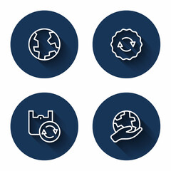 Set line Earth globe, Recycle symbol, Shopping bag with recycle and Hand holding with long shadow. Blue circle button. Vector