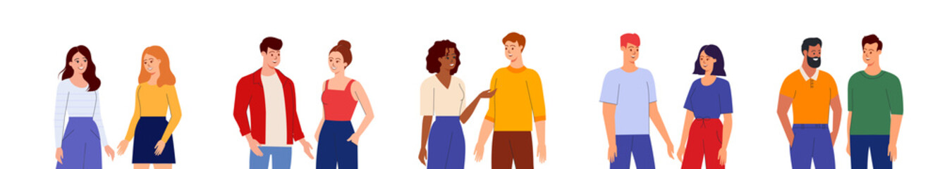 Happy people talking, gossiping and speaking on date. Set of friends meeting and having conversation. Multinational young people chatting and communicating. Flat vector illustration isolated on white 