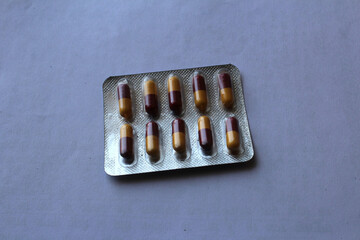 Drug prescription for treatment medication. Pharmaceutical medicament, cure in container for...