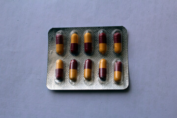 Drug prescription for treatment medication. Pharmaceutical medicament, cure in container for...