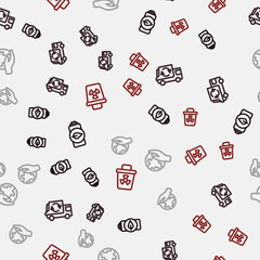 Set line Eco nature leaf battery, Garbage truck, Hand holding Earth globe and Infectious waste on seamless pattern. Vector