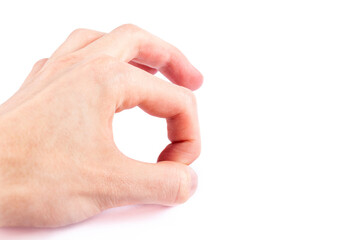 Hand flicking something away, finger flick gesture closeup, isolated on white background, cut out....
