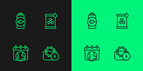 Set line Water mill, World Earth day, Eco nature leaf battery and Radioactive waste in barrel icon. Vector