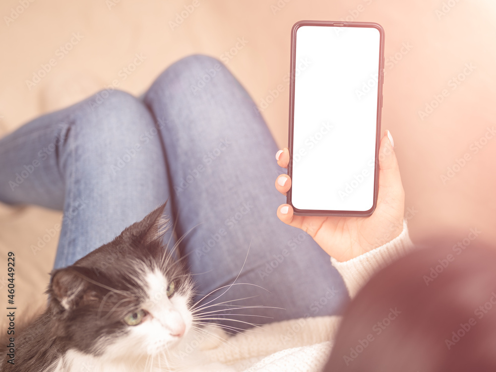 Poster woman using smartphone blank screen frameless modern design while lying on the sofa in home interior