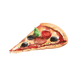 Delicious pizza with tomatoes, salami, olives and cheese. Watercolor illustration on white background. Isolated. Vector