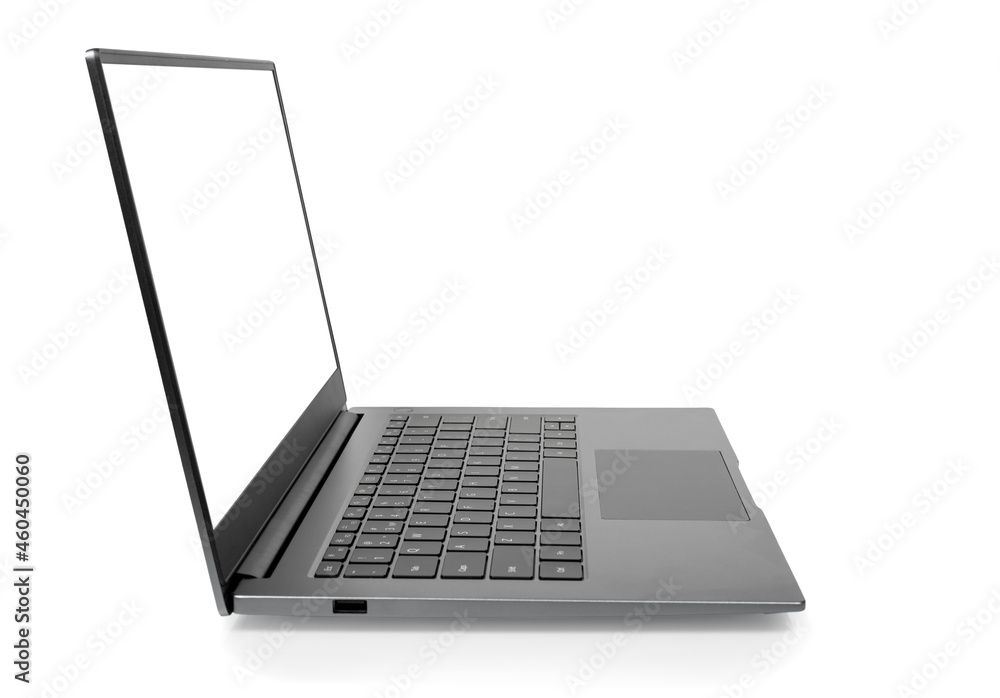 Poster side view of open laptop computer. modern thin edge slim design. blank white screen display for mock