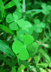 Illustration of Vibrant Green Lucky Four-leaf Clover in the Field