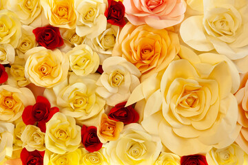 Bouquet of white, yellow and red roses, top view, close-up.