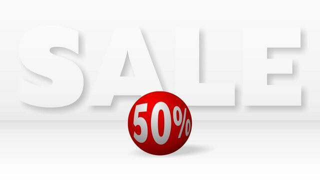 A beautiful red ball with 50 percent discount rolling against big white letters SALE